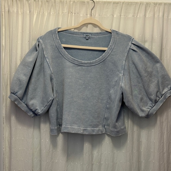 aerie Tops - Aerie Seams Right Top Women’s XL Blue Ribbed Puffed Short Sleeve Cropped